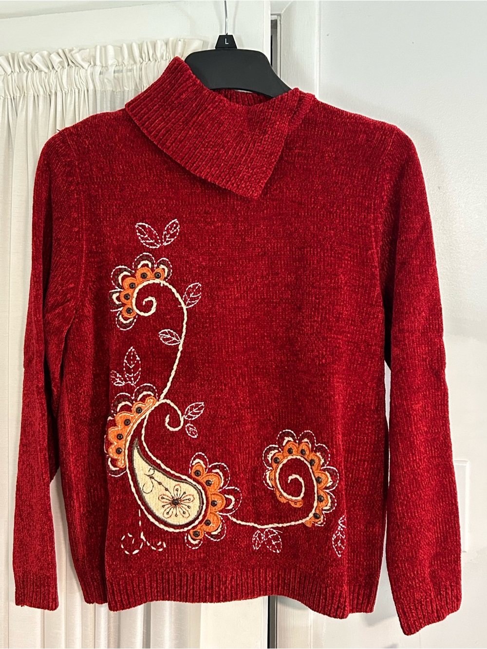 Alfred Dunner Red Chenille Turtleneck Sweater with Embroidered Paisley